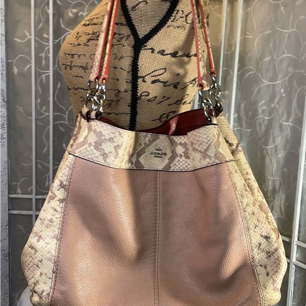 Coach snake print beige camel expandable purse